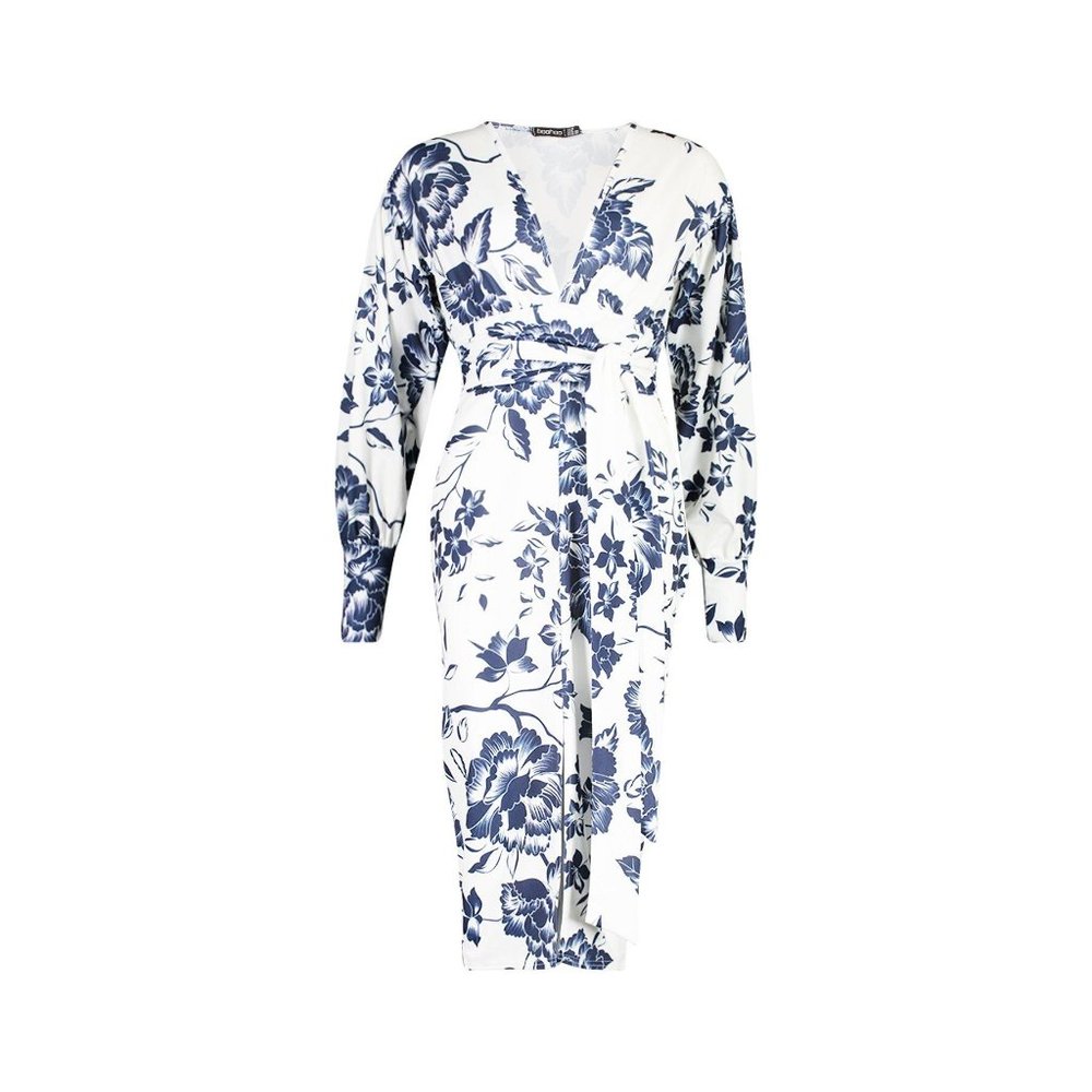 FLORAL PRINT PLUNGE TIE WAIST MIDI DRESS